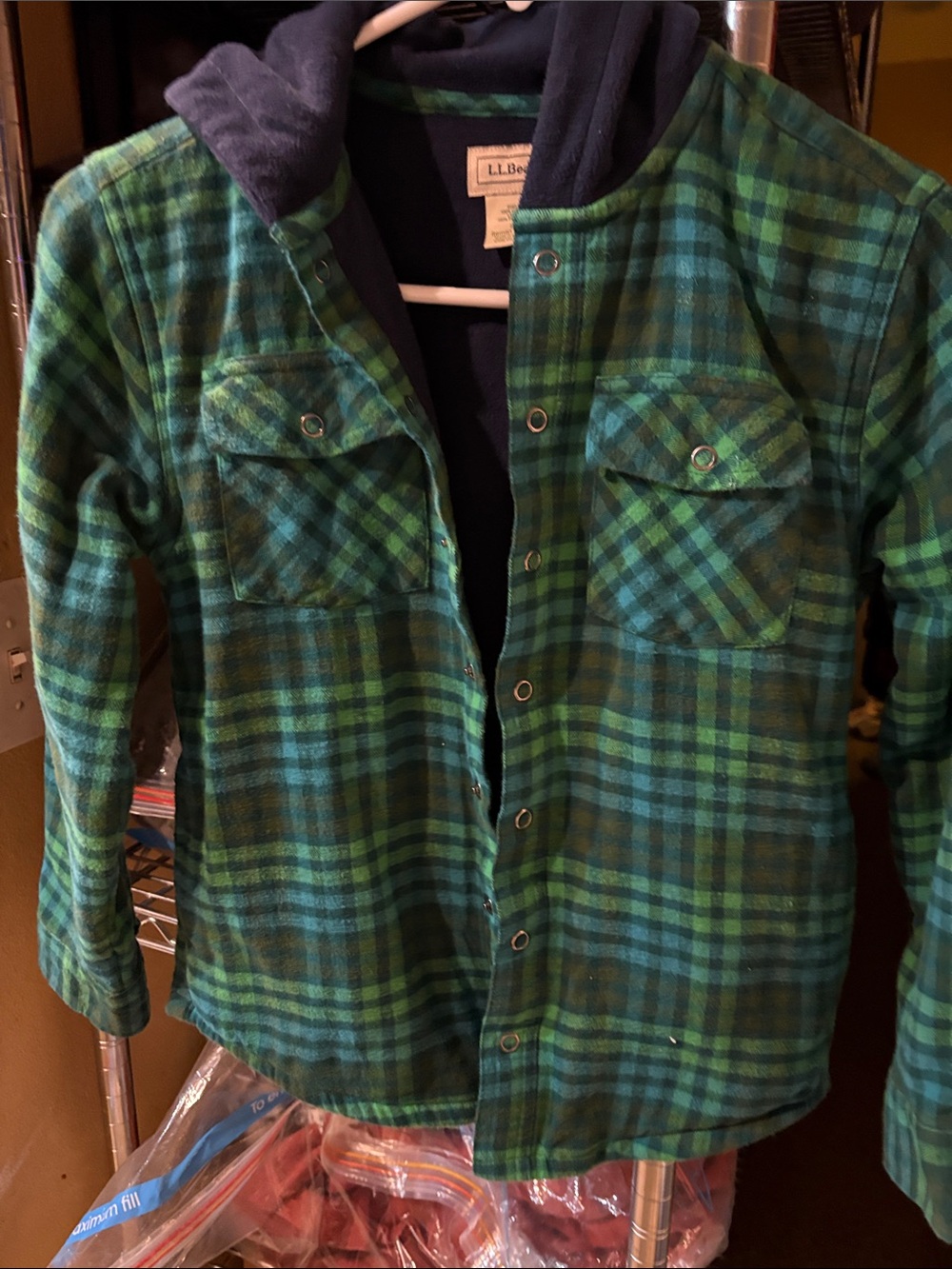 L.L. Bean Green & Blue Plaid Hooded Shirt-Jacket